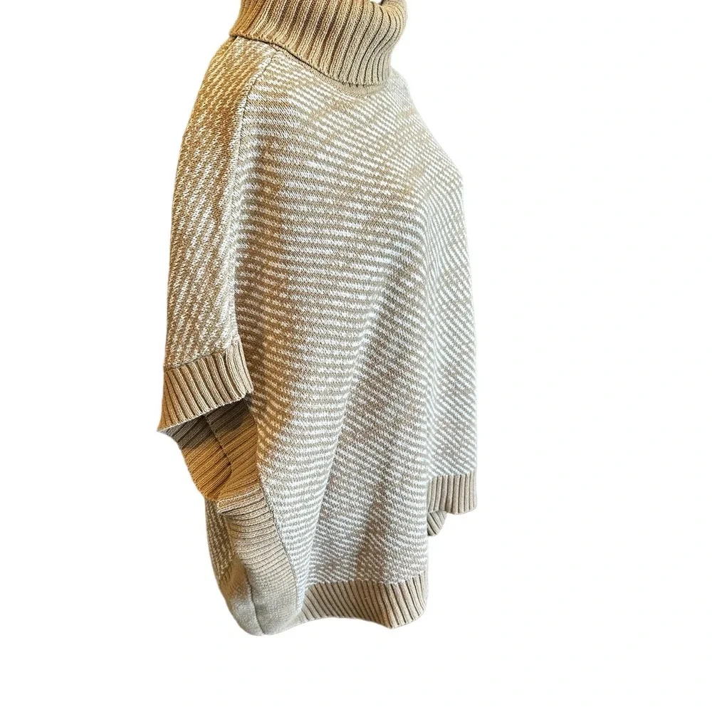 Michael Kors Turtleneck Poncho Sweater Camel‎ White Diagonal Knit Womens XL